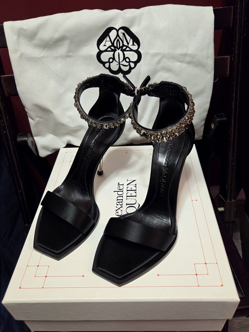 Alexander McQueen Black Leather Crystal-Ankle Strap Stiletto Sandals